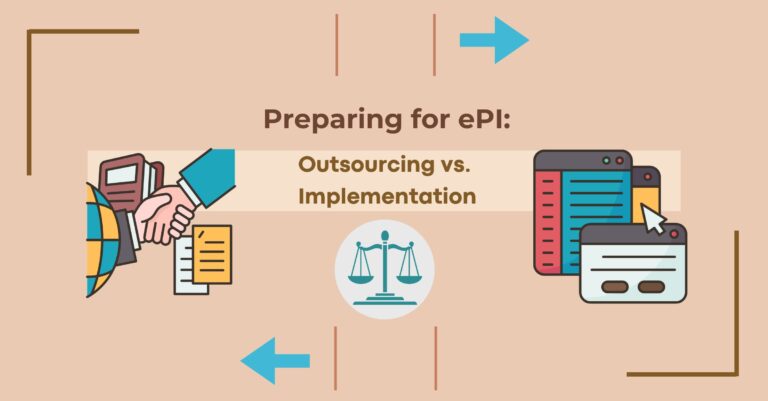 Alt="Preparing for ePI: Outsourcing vs. Implementation with icons to portray outsourcing on the left and implementation on the right.">